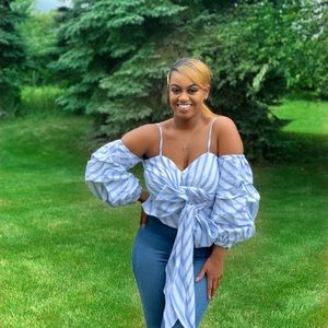 Puffy sleeve blue and white stripped blouse